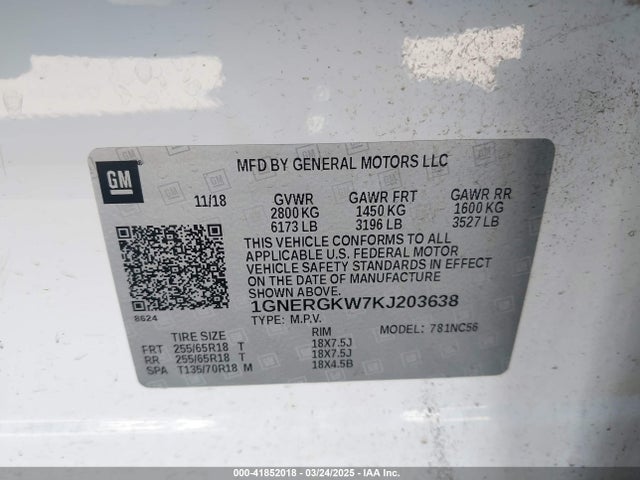 1GNERGKW7KJ203638 Chevrolet Traverse 1lt