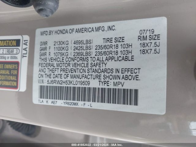 5J6RW2H53KL019509 Honda CR-V EX