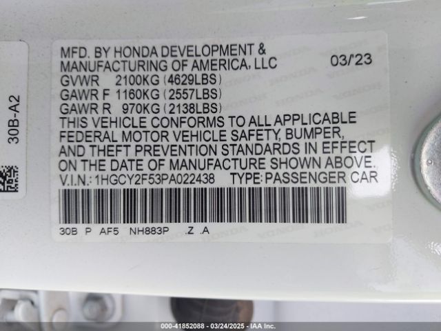 1HGCY2F53PA022438 Honda Accord Hybrid Sport