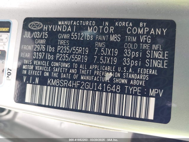 KM8SR4HF2GU141648 Hyundai Santa Fe Limited