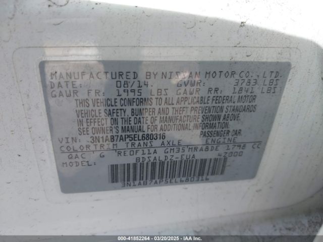 3N1AB7AP5EL680316 Nissan Sentra Fe+ S/fe+ Sv/s/sl/sr/sv