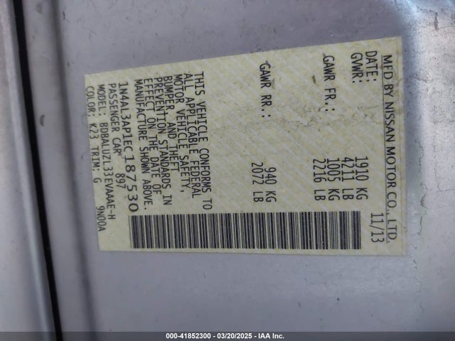 2014 Nissan Altima 2.5 Sv მანქანა იყიდება აუქციონზე, vin: 1N4AL3AP1EC187530, აუქციონის ნომერი: 41852300