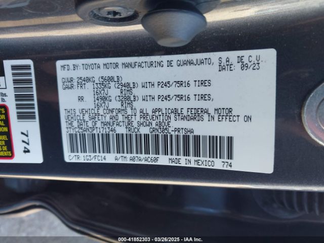 3TYCZ5AN3PT171346 Toyota Tacoma Sr V6/sr5 V6/trail Edition/trd Off Road/trd Pro/trd Sport