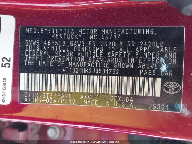 4T1B21HK2JU501752 Toyota Camry Hybrid Se