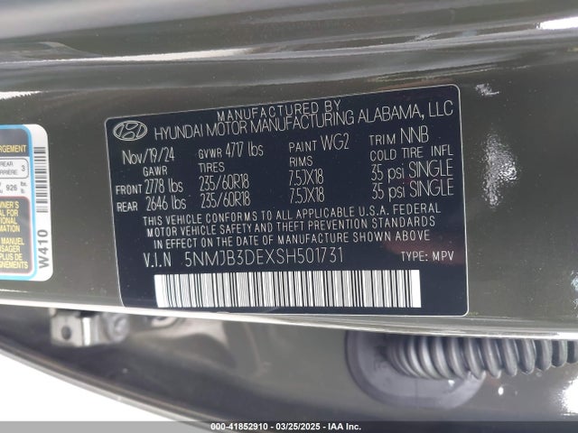 5NMJB3DEXSH501731 Hyundai TUCSON SEL