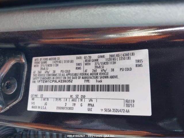 1FTEW1CP9LKE86352 Ford F-150 Xl