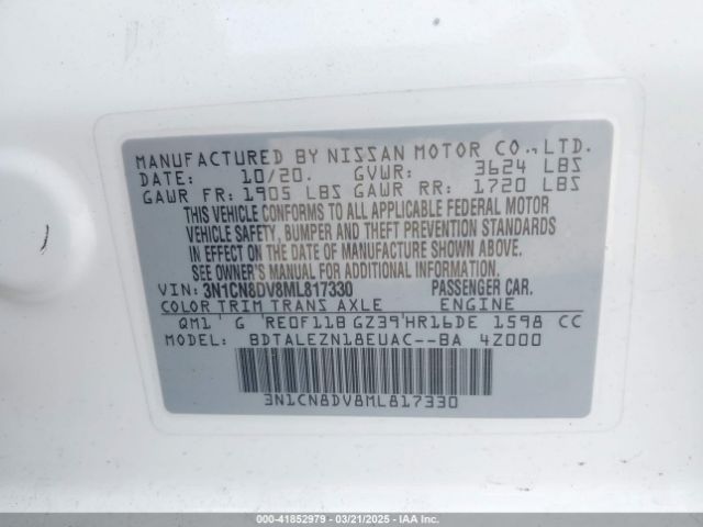3N1CN8DV8ML817330 Nissan Versa S Xtronic Cvt
