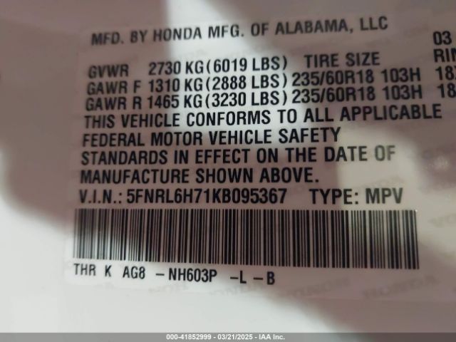 5FNRL6H71KB095367 Honda Odyssey Ex-l
