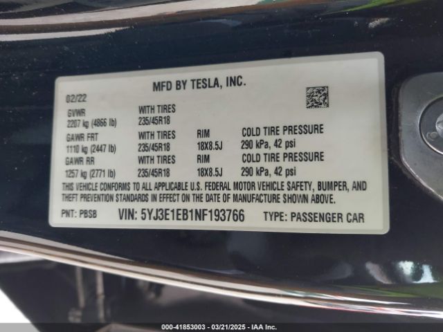 2022 TESLA MODEL 3 5YJ3E1EB1NF193766 Photo 8