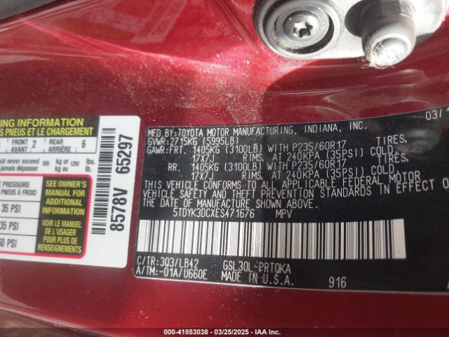 5TDYK3DCXES471676 Toyota Sienna Xle V6 8 Passenger