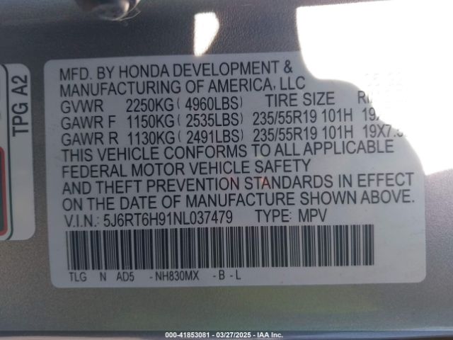 5J6RT6H91NL037479 Honda Cr-v Hybrid Touring