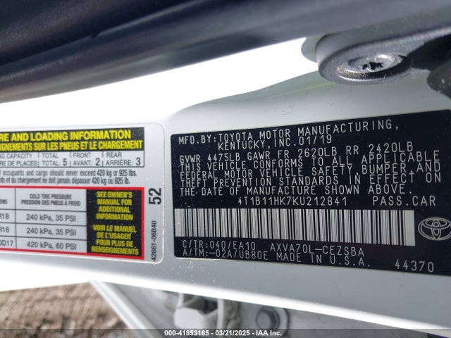 4T1B11HK7KU212841 Toyota CAMRY SE