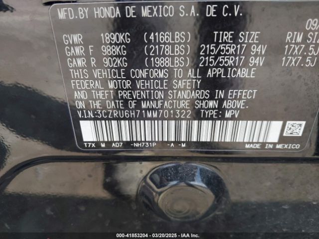 3CZRU6H71MM701322 Honda Hr-v Awd Ex-l