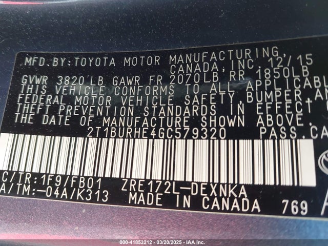 2T1BURHE1GC579320 Toyota COROLLA LE