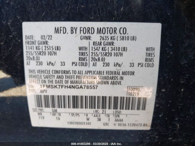 1FMSK7FH4NGA78557 Ford Explorer Limited