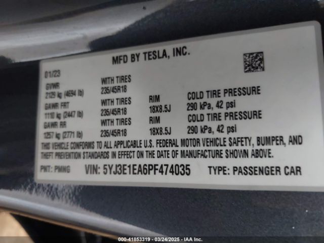 5YJ3E1EA6PF474035 Tesla Model 3 Rear-wheel Drive