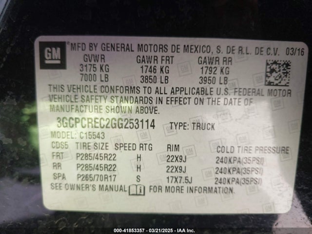 3GCPCREC2GG253114 Chevrolet Silverado 1500 1lt