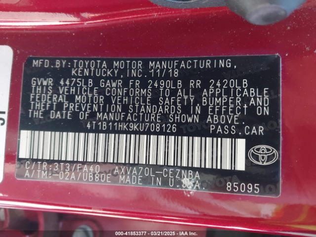 4T1B11HK9KU708126 Toyota CAMRY LE