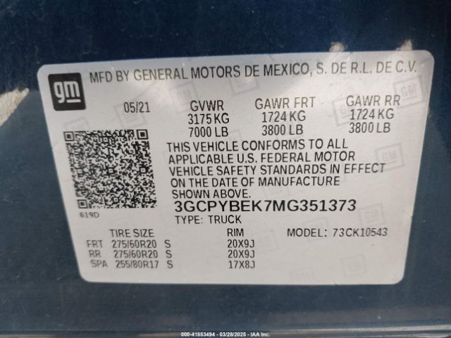 3GCPYBEK7MG351373 Chevrolet Silverado 1500 4wd  Short Bed Custom
