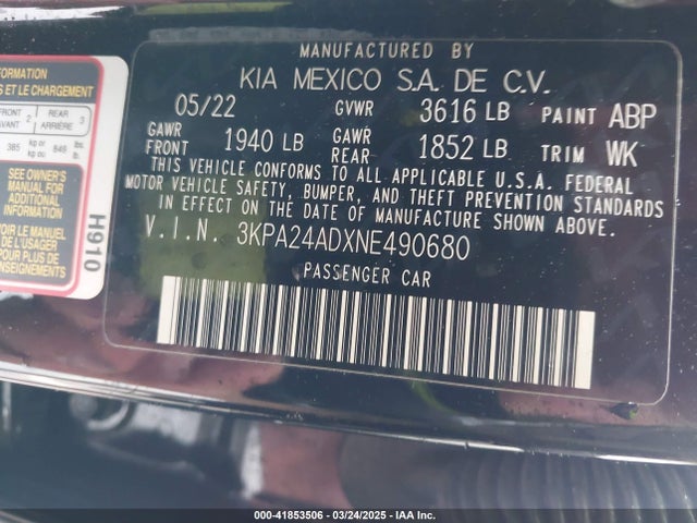 3KPA24ADXNE490680 KIA RIO S