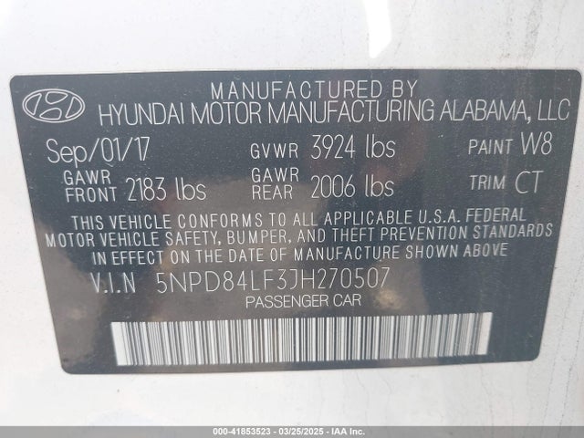 5NPD84LF3JH270507 Hyundai ELANTRA SEL