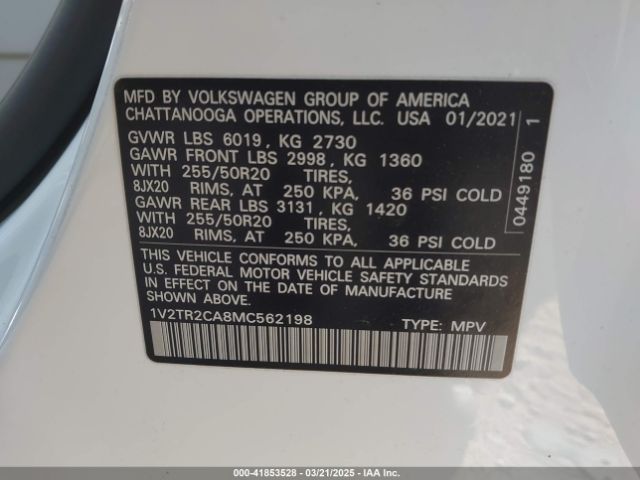 1V2TR2CA8MC562198 Volkswagen Atlas 3.6l V6 Sel Premium
