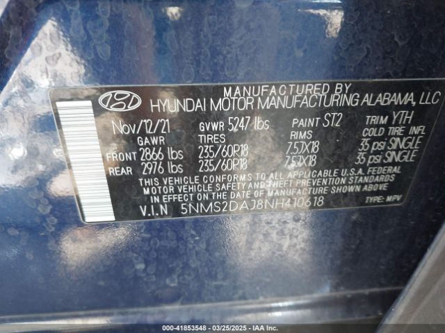 5NMS2DAJ8NH410618 Hyundai Santa Fe Sel