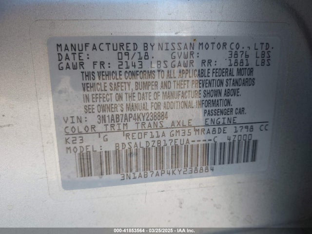 3N1AB7AP4KY238884 Nissan SENTRA SV