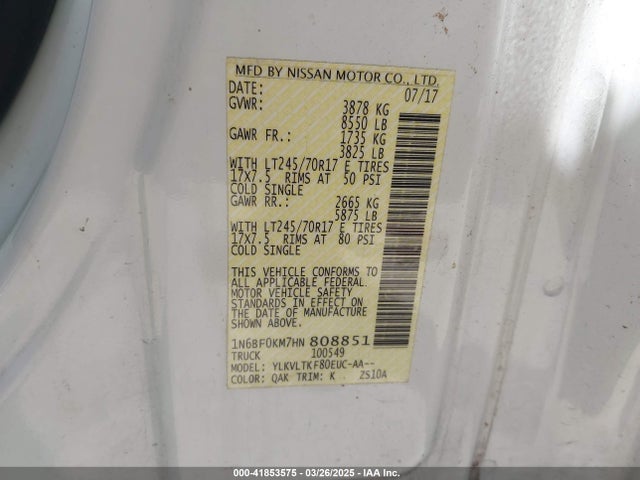 1N6BF0KM7HN808851 Nissan Nv Cargo Nv1500 Sv V6