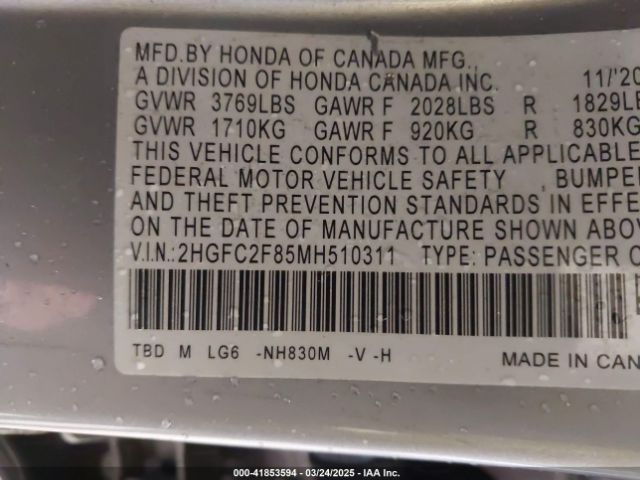 2HGFC2F85MH510311 Honda Civic Sport