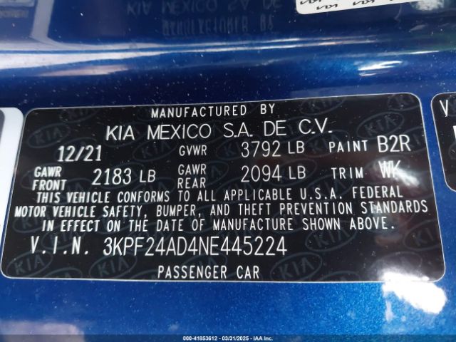 3KPF24AD4NE445224 KIA Forte Lxs