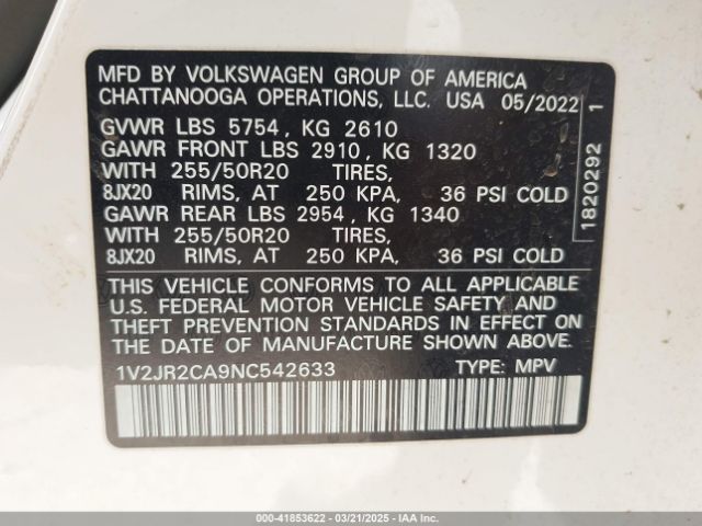 1V2JR2CA9NC542633 Volkswagen Atlas 3.6l V6 Se W/technology