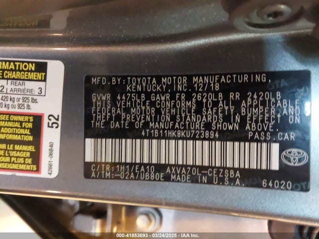 4T1B11HK8KU723894 Toyota CAMRY SE
