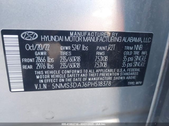 5NMS3DAJ6PH518378 Hyundai Santa Fe Sel