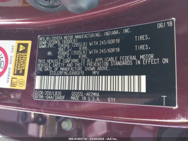 5TDJZRFH6JS886819 Toyota Highlander Xle