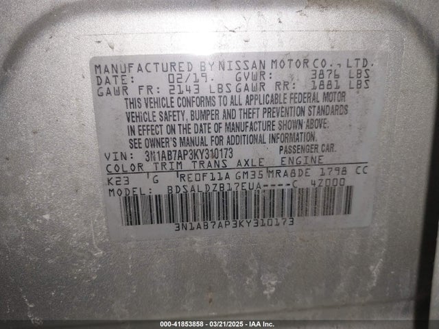 3N1AB7AP3KY310173 Nissan SENTRA SV