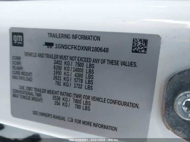 1GNSCFKDXNR180648 Chevrolet Suburban 2wd Premier