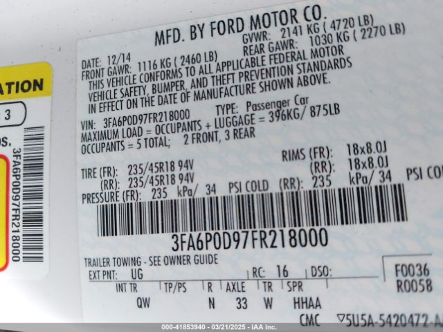 3FA6P0D97FR218000 Ford Fusion Titanium