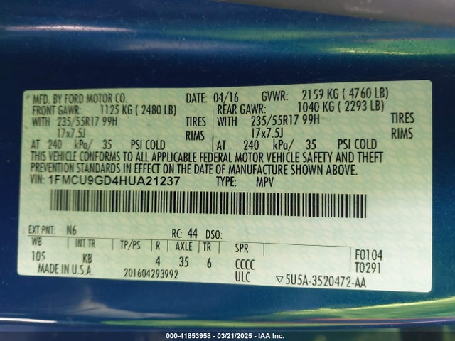 1FMCU9GD4HUA21237 Ford ESCAPE SE
