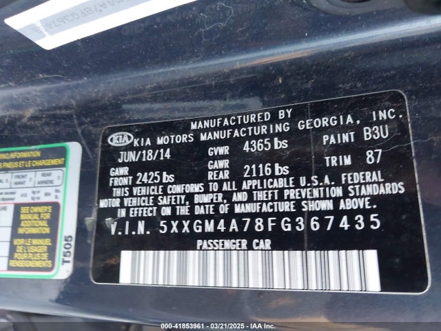 5XXGM4A78FG367435 KIA Optima Lx