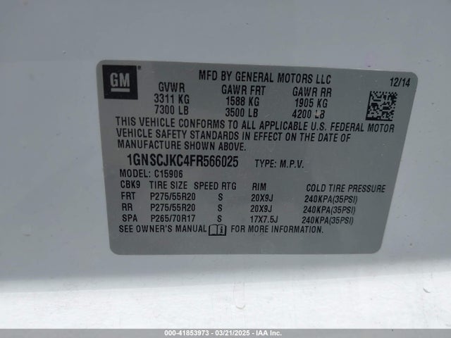 Chevrolet Suburban 1500 Lt 2015 1GNSCJKC4FR566025 Image 9