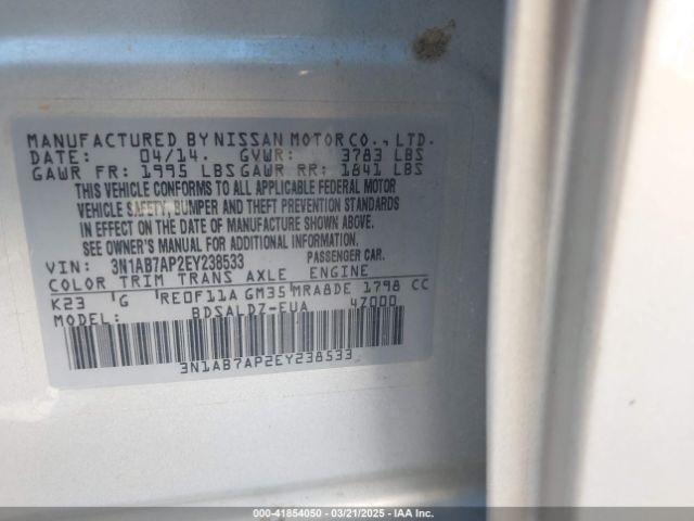 3N1AB7AP2EY238533 Nissan Sentra Fe+ S/fe+ Sv/s/sl/sr/sv