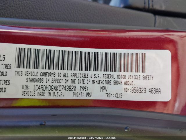 1C4RDHDGXKC743820 Dodge Durango Gt Plus Rwd