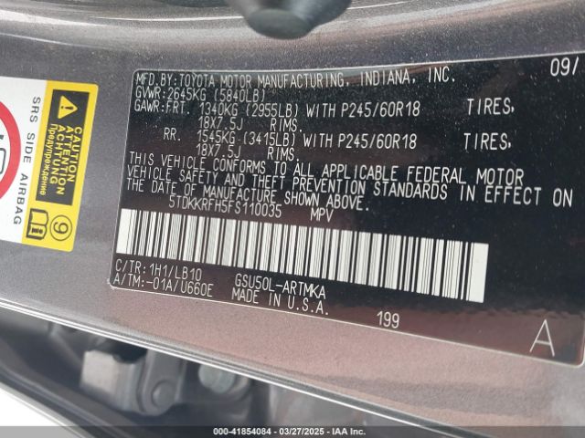 5TDKKRFH5FS110035 Toyota Highlander Xle V6