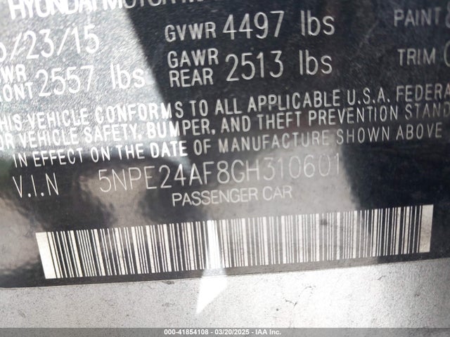 5NPE24AF8GH310601 Hyundai SONATA SE