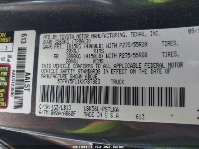 5TFHY5F11KX787883 Toyota Tundra Limited 5.7l V8