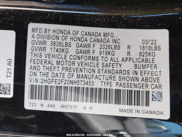 2HGFE2F20NH573453 Honda Civic Lx