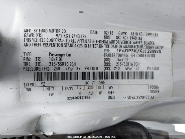 1FADP3K2XJL280920 Ford FOCUS SE