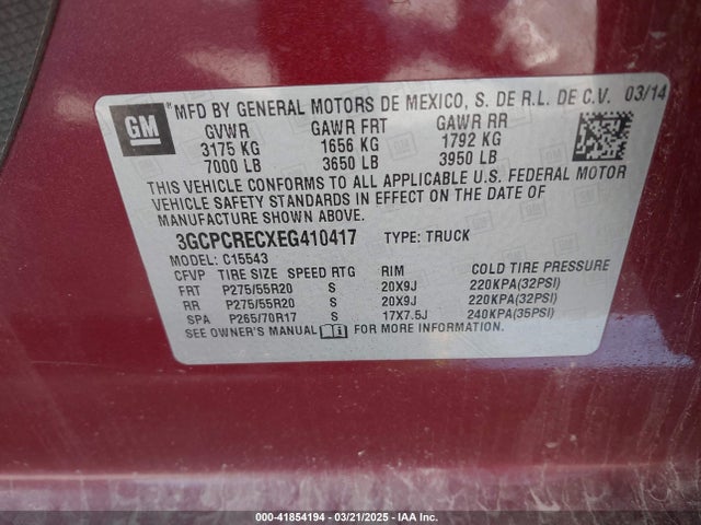 3GCPCRECXEG410417 Chevrolet Silverado 1500 1lt