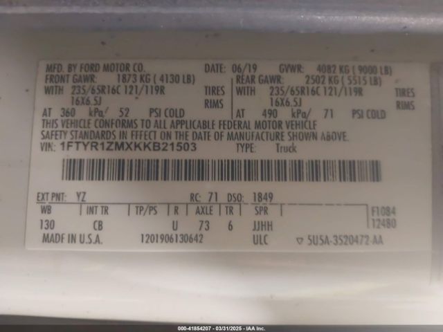 1FTYR1ZMXKKB21503 Ford Transit-250
